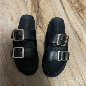 Madden Girl Black Slide Sandals with Gold Buckles